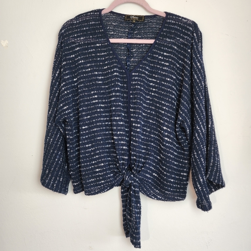 Status By Chenault Navy Blue Wide Sleeve Tie At Waist Women's Top Size M